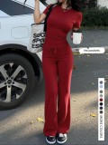 Plus Size Women Short Sleeve Top + Bell Bottom Pants Two-Piece Set