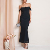 Women Summer Spaghetti Strap Off Shoulder Mesh Fishbone Maxi Dress