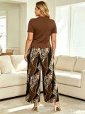Plus Size Women Elegant Top and Leopard Print Wide Leg Pants Two-Piece Set