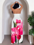 Plus Size Women Printed Halter Neck Hollow Out Sexy Bodycon Maxi Dress
