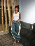 Women Side Stripe Patchwork Denim Pants