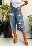 Women Dog Graffiti Printed Denim Capri Pants