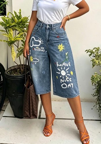 Women Dog Graffiti Printed Denim Capri Pants