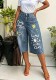 Women Dog Graffiti Printed Denim Capri Pants
