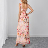 Women Summer Printed Slit Backless Lace-Up Pleated Maxi Strap Dress