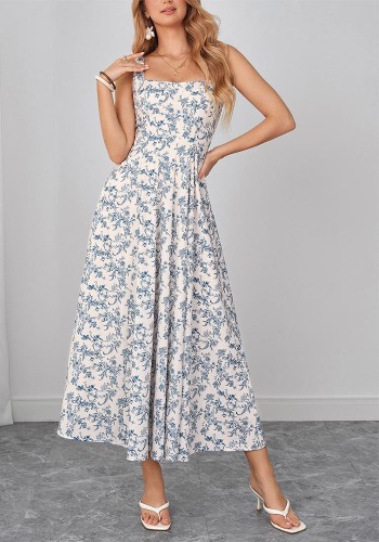 Women Printed Holiday Backless Lace-Up Floral Maxi Strap Dress