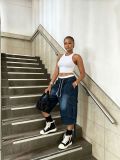Women Washed Large Pocket Elastic Drawstring Cargo Denim Capri Pants