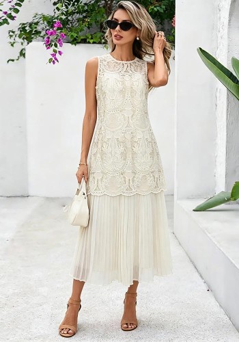 Women Summer French Jacquard Embroidery Faux Two-Piece Sleeveless Pleated Dress