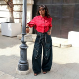 Women Frayed Edge Star Washed Denim Pants