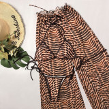 Women Sexy Leopard Print Bikini Beach Holiday Wide Leg Pants Three-Piece Set