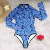 Women Printed Long Sleeve Zipper Surf Suit One-Piece Swimsuit