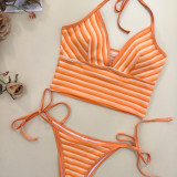 Women Orange Stripe Patchwork Lace-Up Beach Swimsuit Two-Piece Set