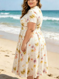 Women Spring Autumn Printed Short Sleeve Floral Dress