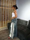 Women Side Stripe Patchwork Denim Pants