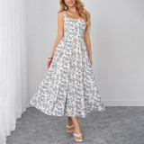Women Printed Holiday Backless Lace-Up Floral Maxi Strap Dress