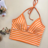 Women Orange Stripe Patchwork Lace-Up Beach Swimsuit Two-Piece Set