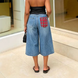 Women Pocket Patchwork Plaid Denim Capri Pants