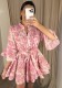 Women Summer V-Neck Printed Bell Bottom Sleeve Lace-Up Dress