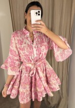 Women Summer V-Neck Printed Bell Bottom Sleeve Lace-Up Dress Women Summer V-Neck Printed Bell Bottom Sleeve Lace-Up Dress
