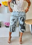 Women Graffiti Printed Denim Capri Pants