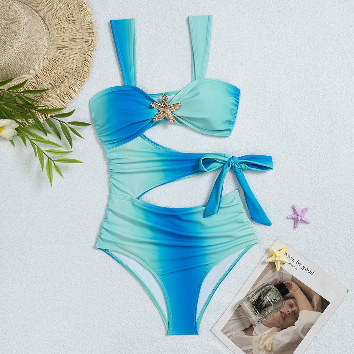 Wide Strap Hollow-Out Lace-Up One-Piece Swimsuit for Beachwear