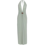 Women Halter Neck V Neck Backless Maxi Dress