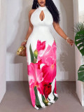 Plus Size Women Printed Halter Neck Hollow Out Sexy Bodycon Maxi Dress