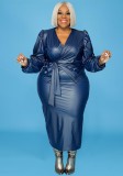 Plus Size Women Pu-Leather Long Sleeve Top and Skirt Two-Piece Set
