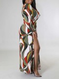 Plus Size Women Cross Neck Slit Printed Dress