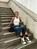 Women Washed Large Pocket Elastic Drawstring Cargo Denim Capri Pants