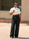 Women Asymmetric Placket Color Block Topstitching Denim Pants