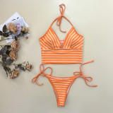 Women Orange Stripe Patchwork Lace-Up Beach Swimsuit Two-Piece Set