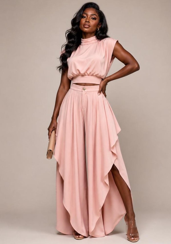 Women French Sleeveless High Neck Top Irregular Ruffle Wide Leg Pants Two-Piece Set