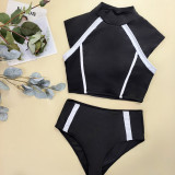 Women Black And White Patchwork Short Sleeve Sexy Printed Swimsuit