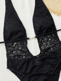 Women Sexy Lace Patchwork Halter Neck Backless One-Piece Swimsuit