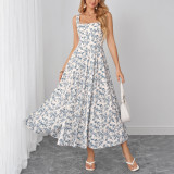 Women Printed Holiday Backless Lace-Up Floral Maxi Strap Dress