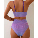 Women Purple Tie Dye Stripe Patchwork Bikini Casual Swimsuit