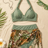Women Halter Neck Lace-Up Skirt Pants Sexy Bikini Printed Two-Piece Swimsuit