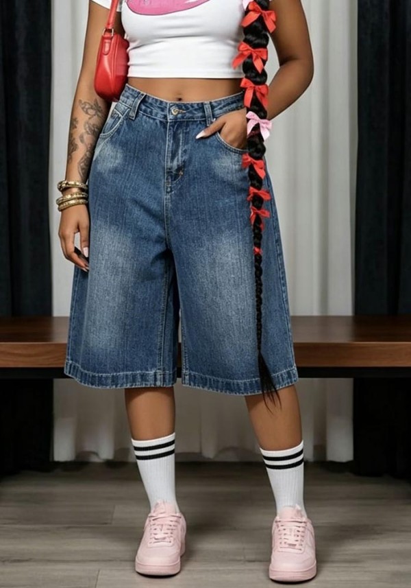 Women Cross Adjustable Washed Denim Shorts