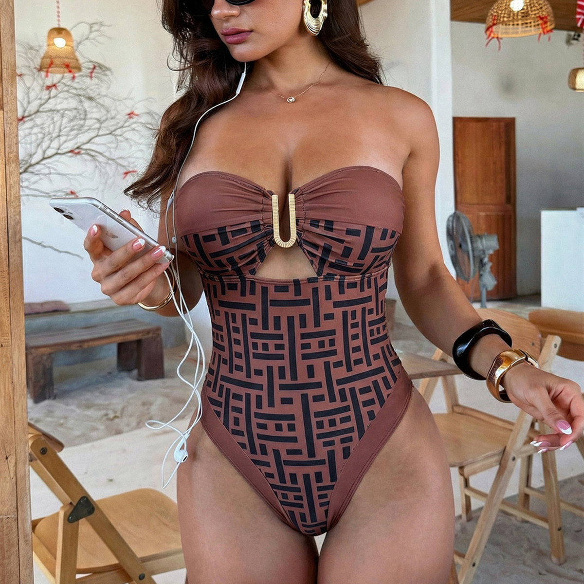 Printed V-Neck Backless Spaghetti Strap One-Piece Swimsuit