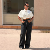 Women Asymmetric Placket Color Block Topstitching Denim Pants