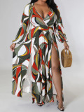Plus Size Women Cross Neck Slit Printed Dress