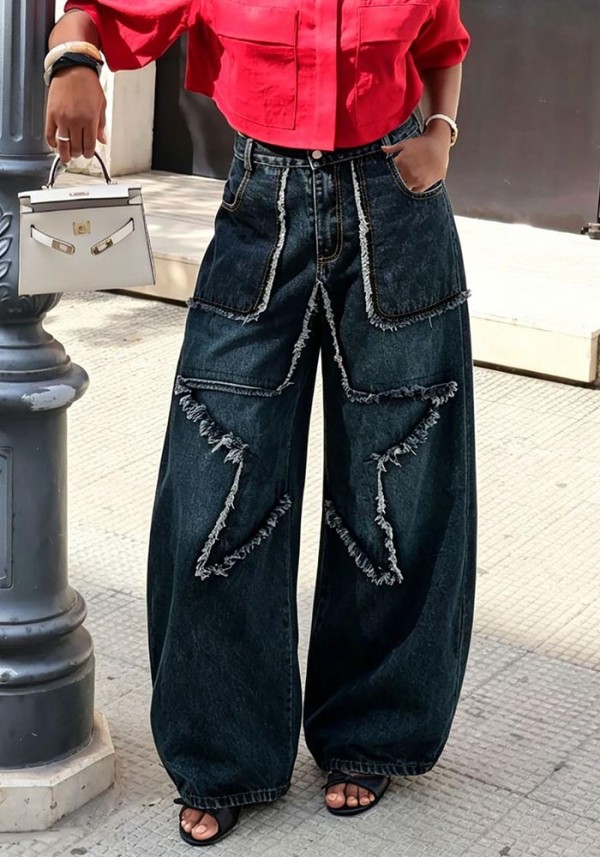 Women Frayed Edge Star Washed Denim Pants