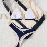 Women Color Block Binding Lace-Up Thong Cross Sexy Two-Piece Swimsuit