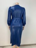 Plus Size Women Pu-Leather Long Sleeve Top and Skirt Two-Piece Set