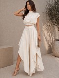 Women French Sleeveless High Neck Top Irregular Ruffle Wide Leg Pants Two-Piece Set