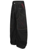 Women Color Block Topstitching Cargo Denim Pants