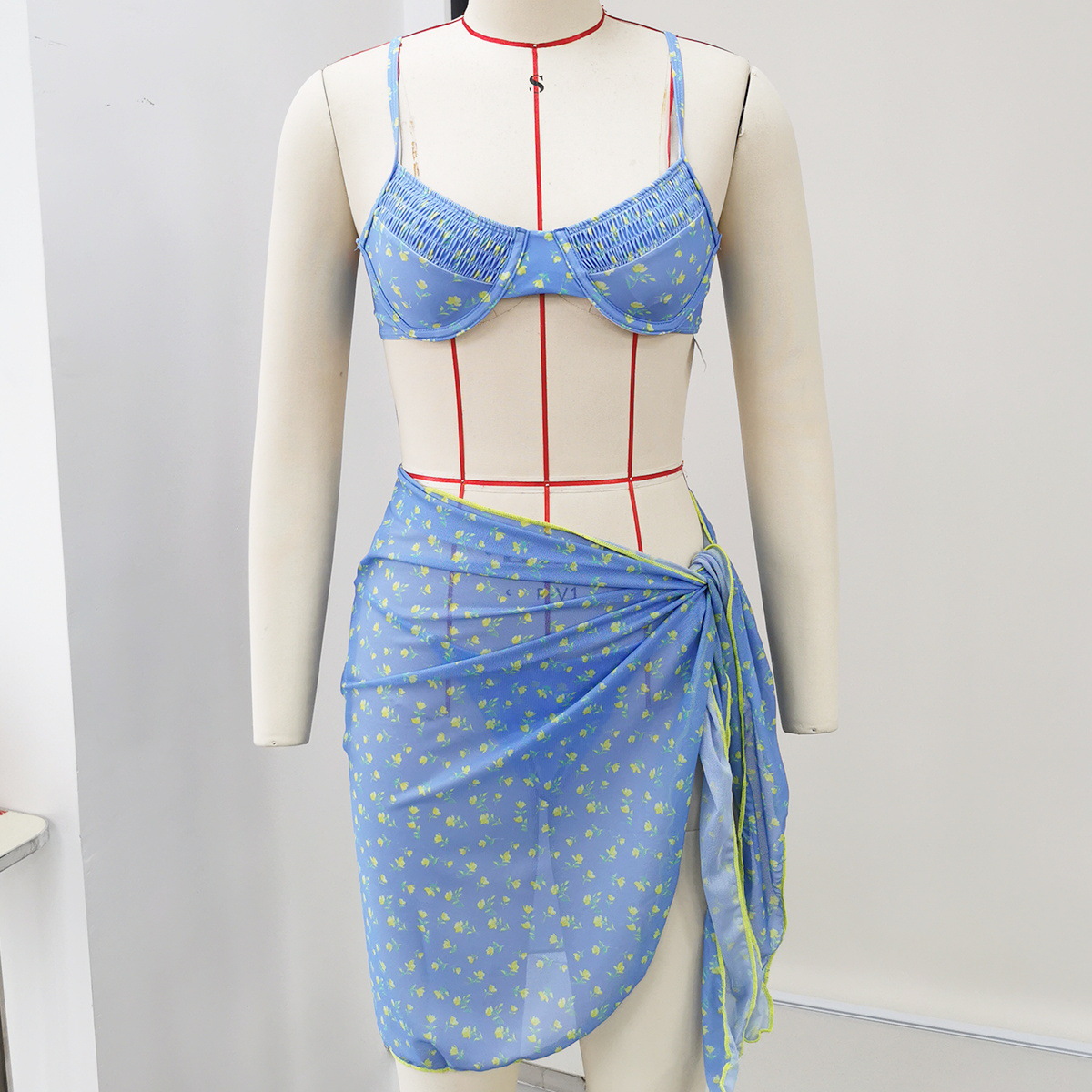 Printed Strapless Lace-Up Two-Piece Bikini Swimsuit Set