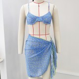 Women Strapless Bikini Lace-Up Printed Swimsuit Two-Piece Set