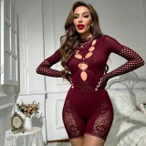 Women Sexy Heart Print Buckle Rose Printed Long Sleeve Jumpsuit